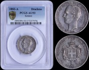 GREECE: 1 Drachma (1883 A) (type I) in silver with "ΓΕΩΡΓΙΟΣ Α! ΒΑΣΙΛΕΥΣ ΤΩΝ ΕΛΛΗΝΩΝ". Inside slab by PCGS "AU 53". (Hellas 152)....