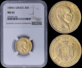 GREECE: 20 Drachmas (1884 A) (type II) in gold with "ΓΕΩΡΓΙΟΣ Α! ΒΑΣΙΛΕΥΣ ΤΩΝ ΕΛΛΗΝΩΝ". Inside slab by NGC "MS 62". (Hellas 164)....