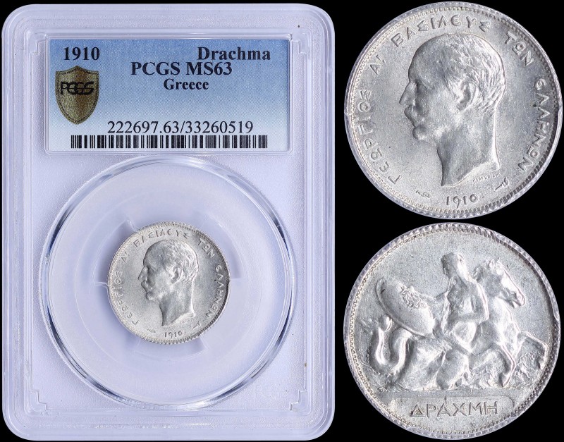 GREECE: 1 Drachma (1910) (type II) in silver with "ΓΕΩΡΓΙΟΣ Α! ΒΑΣΙΛΕΥΣ ΤΩΝ ΕΛΛΗ...