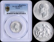 GREECE: 1 Drachma (1910) (type II) in silver with "ΓΕΩΡΓΙΟΣ Α! ΒΑΣΙΛΕΥΣ ΤΩΝ ΕΛΛΗΝΩΝ". Inside slab by PCGS "MS 63". (Hellas 153)....