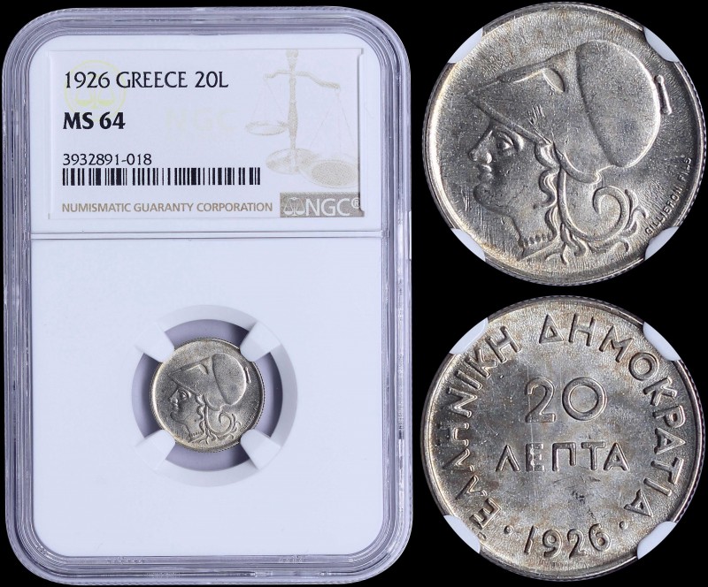 GREECE: 20 Lepta (1926) in copper-nickel with "ΕΛΛΗΝΙΚΗ ΔΗΜΟΚΡΑΤΙΑ". Inside slab...