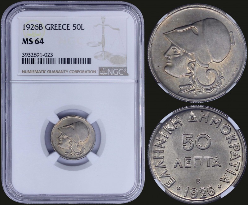 GREECE: 50 Lepta (1926 B) in copper-nickel with "ΕΛΛΗΝΙΚΗ ΔΗΜΟΚΡΑΤΙΑ". Inside sl...