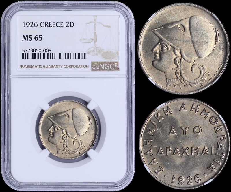 GREECE: 2 Drachmas (1926) in copper-nickel with "ΕΛΛΗΝΙΚΗ ΔΗΜΟΚΡΑΤΙΑ". Inside sl...