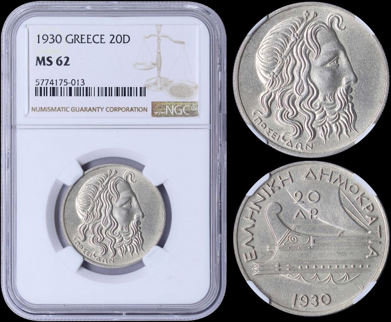 GREECE: 20 Drachmas (1930) in silver (0,500) with Poseidon. Inside slab by NGC "...