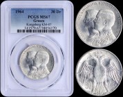 GREECE: 30 Drachmas (1964) in silver commemorating the Royal Wedding. Variety: Kongsberg Mint. Inside slab by PCGS "MS 67". (Hellas 239).