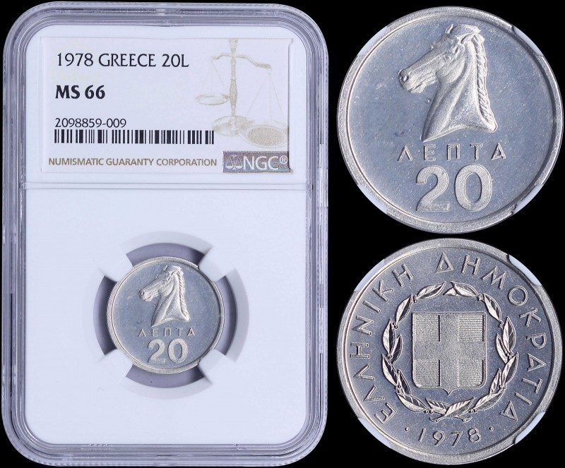 GREECE: 20 Lepta (1978) in aluminium with horse. Inside slab by NGC "MS 66". (He...