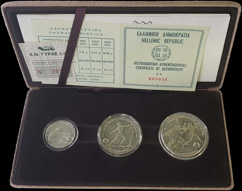 GREECE: 100 Drachmas + 250 Drachmas + 500 Drachmas (1981) commemorative coin set...