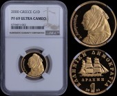 GREECE: 1 Drachma (2000) in gold (0,917) with Bouboulina. Inside slab by NGC "PF 69 ULTRA CAMEO". Top grade in both companies. Accompanied by its offi...