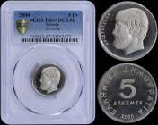 GREECE: 5 Drachmas (2000) (type Ia) in copper-nickel with Aristotle. Inside slab by PCGS "PR 67 DCAM". Top grade in both companies. (Hellas 297).