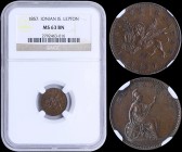 GREECE: 1 new Obol (1857) in copper with seated Britannia. Variety: Dot far away from the date. Inside slab by NGC "MS 63 BN". (Hellas I.25).