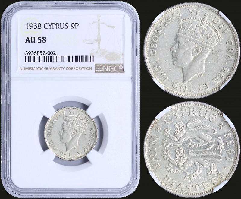 CYPRUS: 9 Piastres (1938) in silver with head of George VI. Inside slab by NGC "...