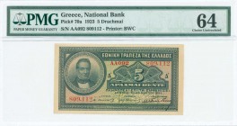 GREECE: 5 Drachmas (24.3.1923) in green on orange unpt with portrait of G Stavros at left. S/N: "AA092 809112". Printed Papadakis signature. Printed b...