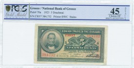 GREECE: 5 Drachmas (24.3.1923) in green on orange unpt with portrait of G Stavros at left. S/N: "ΓΙ037 384732". Rubber-stamp Papadakis signature. Prin...