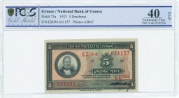 GREECE: 5 Drachmas (28.4.1923) in black on orange and green unpt with portrait of G Stavros at left. S/N: "ΕΣ094 621157". Printed by ABNC. Printed sig...