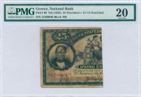 GREECE: 1/2 left of 25 Drachmas (Bisected Pick #52) of 1922 Emergency issue. Two blue cachets "ΑΚΥΡΟΝ" over portrait of Stavros. Signature by Zaimis. ...