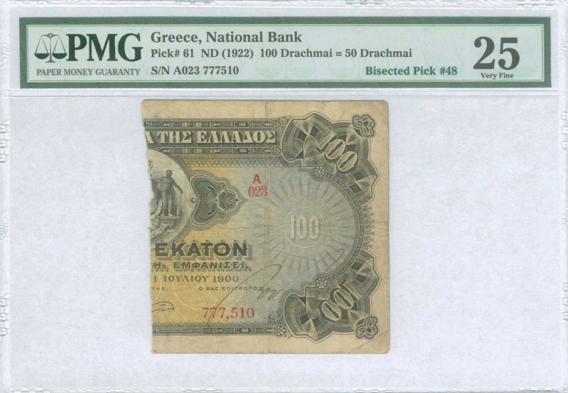 GREECE: 1/2 right of 100 Drachmas (Bisected Pick #48, date 1.7.1900) of 1922 Eme...