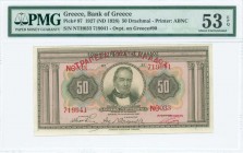 GREECE: 50 Drachmas (ND 1928 - old date 30.4.1927) in brown on orange and green unpt with portrait of G Stavros at center. S/N: "ΝΘ033 719041". Red ov...