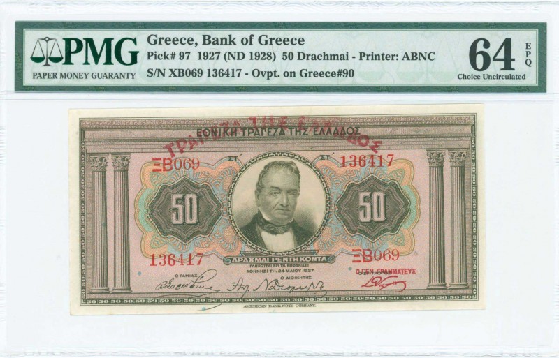 GREECE: 50 Drachmas of 1928 Third Provisional Issue (ND 1928 - old date 24.5.192...