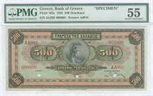 GREECE: 500 Drachmas (1.10.1932) in multicolor with portrait of Athena at center. Two red ovpts "SPECIMEN" over values & three cancellation holes over...