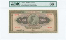 GREECE: 5000 Drachmas (1.9.1932) in brown with portrait of Athena at center. S/N: "ΑK007 935539". Inside plastic holder by PMG "Gem Uncirculated 66 - ...