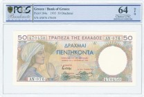 GREECE: 50 Drachmas (1.9.1935) in multicolor with girl with sheat of wheat at left. S/N: "ΑN076 470450". WMK: Goddess Demeter. Inside plastic holder b...