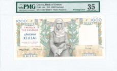 GREECE: 1000 Drachmas (1.5.1935) in multicolor with Girl in national costume at center. S/N: "AZ=047 659019". Printing error: Commanders signature pri...