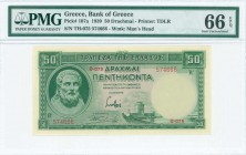 GREECE: 50 Drachmas (1.1.1939) in green with Hesiod at left. Red S/N: "Θ075 574666". Printed by TDLR. Inside plastic holder "Gem Uncirculated 66 - EPQ...