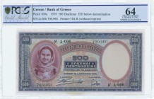 GREECE: 500 Drachmas (1.1.1939) in purple and lilac with woman in national costume at left. S/N: "Δ-006 700960". Printed by BWC (without imprint). WMK...