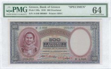 GREECE: 500 Drachmas (1.1.1939) in purple and lilac with woman in national costume at left. S/N: "A-040 000000". Two red ovpts "SPECIMEN" over signatu...