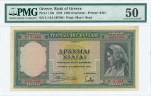 GREECE: 1000 Drachmas (1.1.1939) in green with woman in national costume at right. S/N: "Λ104 348786". Printed by BWC (without imprint). WMK: Archaic ...