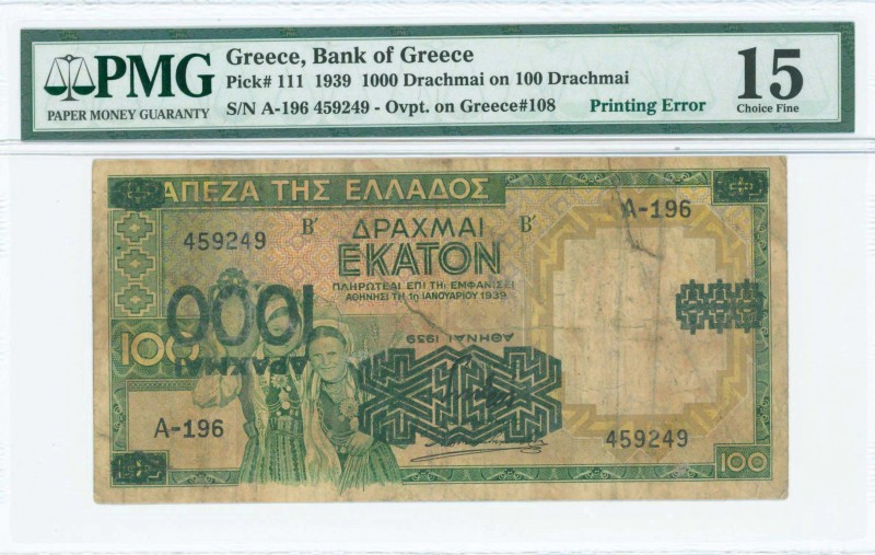 GREECE: 1000 Drachmas on 100 Drachmas (1939) in green and yellow with two peasan...