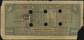 GREECE: 1000 Drachmas (15.10.1926) 1941 Emergency re-issue cancelled banknote with black box-cachet "ΤΡΑΠΕΖΑ ΤΗΣ ΕΛΛΑΔΟΣ - ΕΝ ΑΓΡΙΝΙΩ" on back and six...