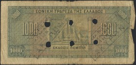 GREECE: 1000 Drachmas (15.10.1926) 1941 Emergency re-issue cancelled banknote with two black box-cachets "ΤΡΑΠΕΖΑ ΤΗΣ ΕΛΛΑΔΟΣ - ΕΝ ΚΑΡΔΙΤΣΗ" on back a...
