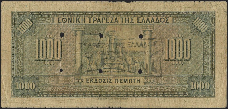 GREECE: 1000 Drachmas (15.10.1926) 1941 Emergency re-issue cancelled banknote wi...