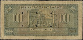 GREECE: 1000 Drachmas (15.10.1926) 1941 Emergency re-issue cancelled banknote with black box-cachet "ΤΡΑΠΕΖΑ ΤΗΣ ΕΛΛΑΔΟΣ - ΥΠΟΚΑΤΑΣΤΗΜΑ ΚΕΡΚΥΡΑΣ 1939"...