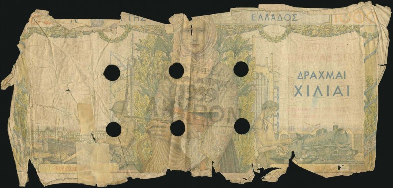 GREECE: 1000 Drachmas (1.5.1935) 1941 Emergency re-issue cancelled banknote with...