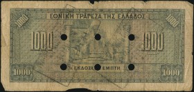 GREECE: 1000 Drachmas (15.10.1926) 1941 Emergency re-issue cancelled banknote with two black box-cachets (type I) "ΤΡΑΠΕΖΑ ΤΗΣ ΕΛΛΑΔΟΣ - ΕΝ ΚΟΜΟΤΗΝΗ" ...