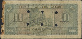 GREECE: 1000 Drachmas (15.10.1926) 1941 Emergency re-issue cancelled banknote with black box-cachet "ΤΡΑΠΕΖΑ ΤΗΣ ΕΛΛΑΔΟΣ - ΕΝ ΝΑΥΠΑΚΤΩ" on back and si...
