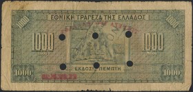 GREECE: 1000 Drachmas (15.10.1926) 1941 Emergency re-issue cancelled banknote with black box-cachet "ΤΡΑΠΕΖΑ ΤΗΣ ΕΛΛΑΔΟΣ - ΕΝ ΠΑΤΡΑΙΣ" on back and six...