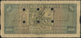 GREECE: 1000 Drachmas (4.11.1926) 1941 Emergency re-issue cancelled banknote with black box-cachet "ΤΡΑΠΕΖΑ ΤΗΣ ΕΛΛΑΔΟΣ - ΕΝ ΠΑΤΡΑΙΣ 1937" on back and...
