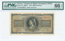 GREECE: 1000 Drachmas (21.8.1942) in black on blue-gray and pale orange unpt with bust of young girl from Thassos at center. S/N: "ΠΒ 298521" with pre...
