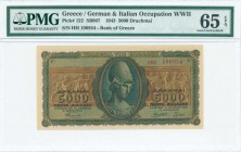 GREECE: 5000 Drachmas (19.7.1943) in green and brown with Athena at center. S/N: "HH 196854" with prefix letters. Inside plastic holder by PMG "Gem Un...