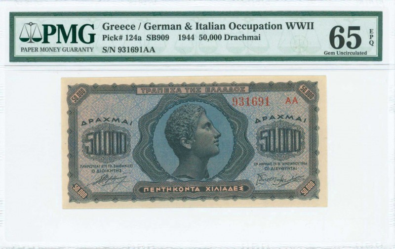 GREECE: 50000 Drachmas (14.1.1944) in blue with youths head at center. S/N: "931...