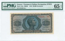 GREECE: 50000 Drachmas (14.1.1944) in blue with youths head at center. S/N: "931691 AA". Inside plastic holder by PMG "Gem Uncirculated 65 - EPQ". (Pi...