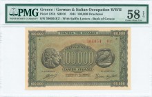 GREECE: 100000 Drachmas (21.1.1944) in black on brown and light blue-green unpt with ancient silver tetradrachm coin of Athens at left and right. S/N:...