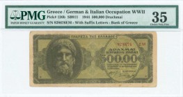 GREECE: 500000 Drachmas (20.3.1944) in black and green unpt instead dull violet-brown with head of Zeus at left. S/N: "828676 EM" with suffix letters ...