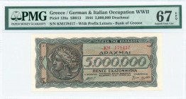 GREECE: 5 million Drachmas (20.7.1944) in brown with Arethusa on dekadrachm of Syracuse at left. S/N: "KM 178417" with prefix letters. Inside plastic ...