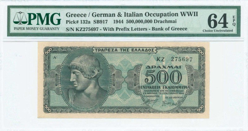 GREECE: 500 million Drachmas (1.10.1944) in blue-green with Apollo at left. S/N:...