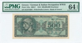 GREECE: 500 million Drachmas (1.10.1944) in blue-green with Apollo at left. S/N: "KZ 275697" with prefix letters and number of height 3,5mm. Inside pl...