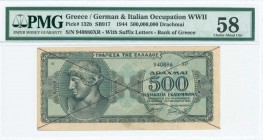 GREECE: 500 million Drachmas (1.10.1944) in blue-green with Apollo at left. S/N: "940886 ΞΡ" with suffix letters and number of height 3mm. Inside plas...